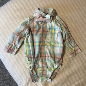 Carter’s Pastel Easter Plaid Button Up Onesie With Pink Bow Tie Size 6M
